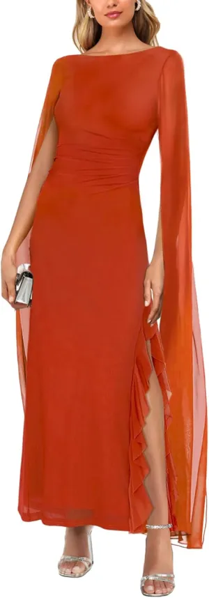 MAYFASEY Women's Sexy Elegant Long Sleeve High Split Mesh Ruched Formal Long Evening Party Maxi Dress with Cape
