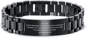 MEALGUET To My Son Bracelet Gifts from Mom, Stainless Steel Courage Inspirational Link Wristband Bracelets,Birthday Gifts,Graduation Gift from Mom Dad, Gift Idea to Son,Customizable
