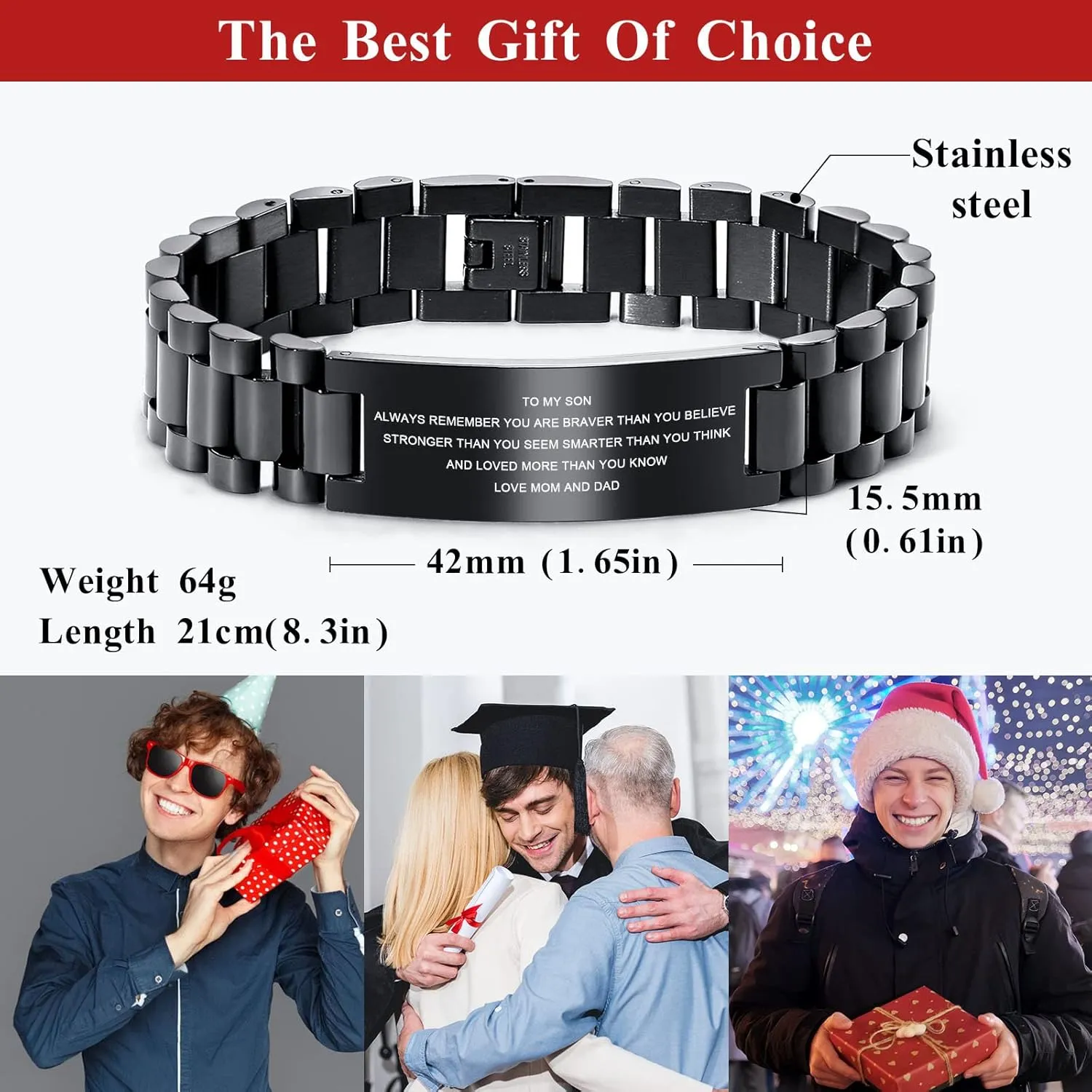 MEALGUET To My Son Bracelet Gifts from Mom, Stainless Steel Courage Inspirational Link Wristband Bracelets,Birthday Gifts,Graduation Gift from Mom Dad, Gift Idea to Son,Customizable