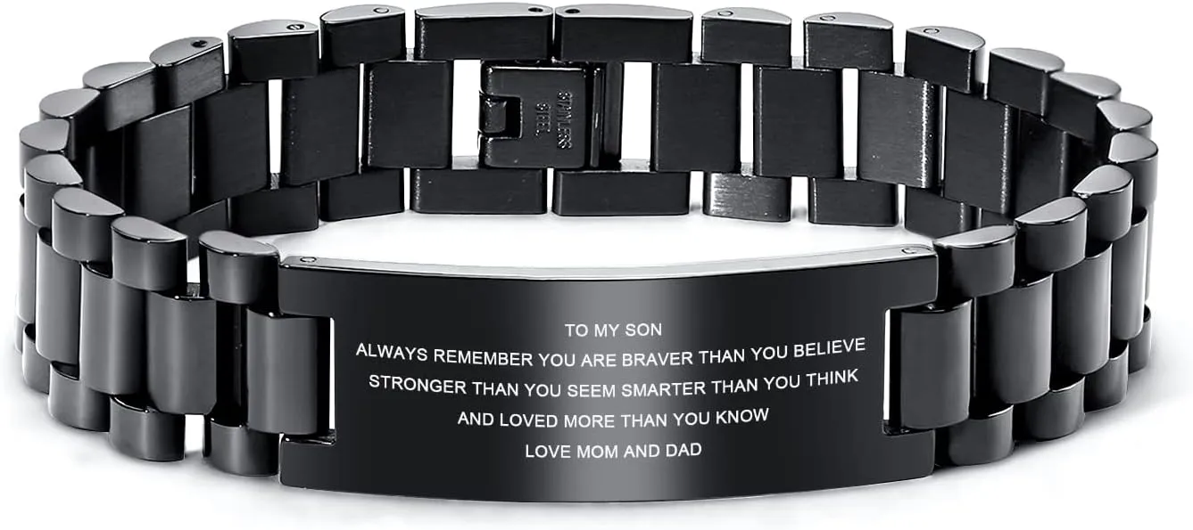 MEALGUET To My Son Bracelet Gifts from Mom, Stainless Steel Courage Inspirational Link Wristband Bracelets,Birthday Gifts,Graduation Gift from Mom Dad, Gift Idea to Son,Customizable
