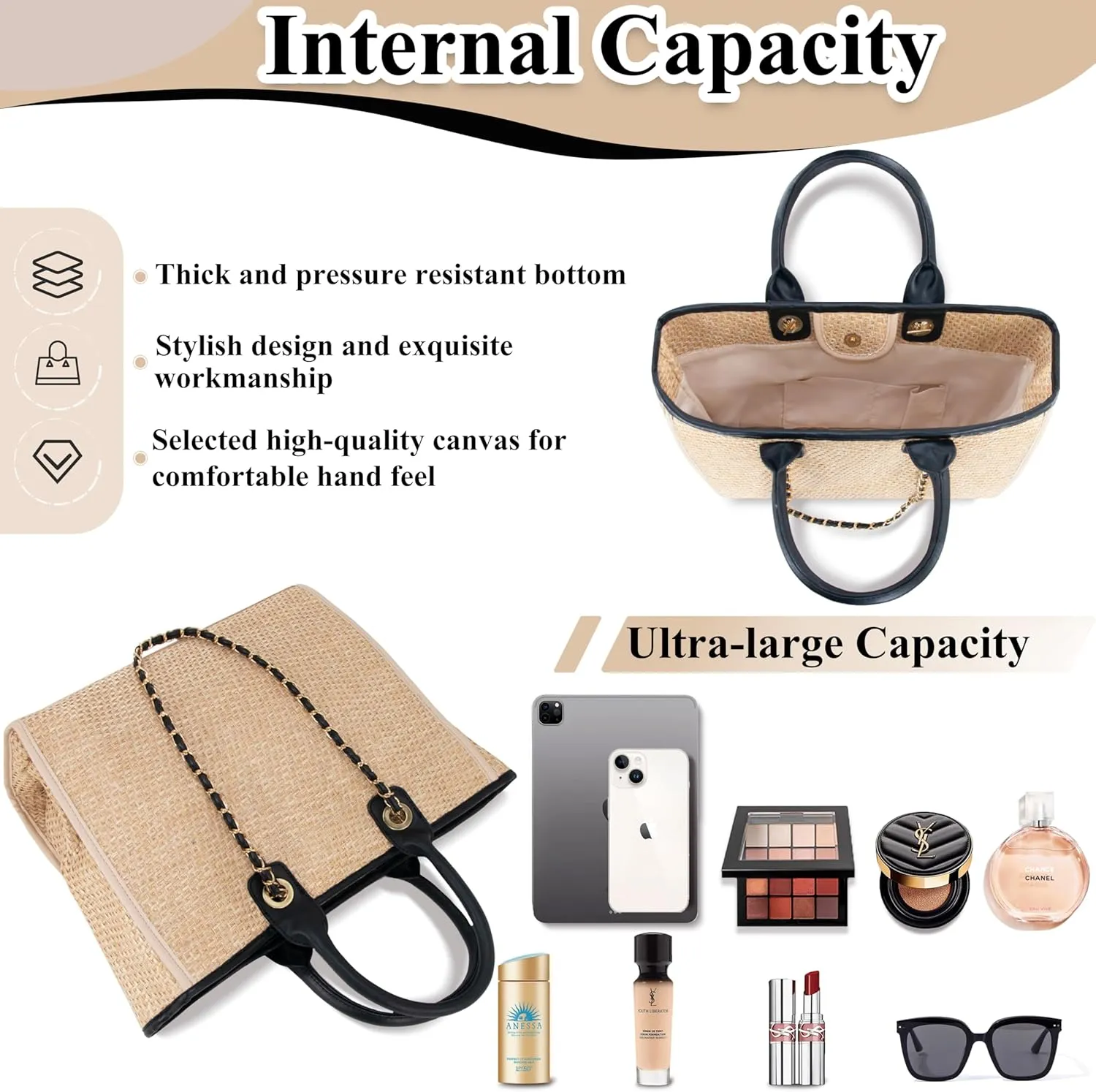 Medium Canvas Tote bag for women Casual Shoulder Work Bag Everything Handbag with Removable Chains