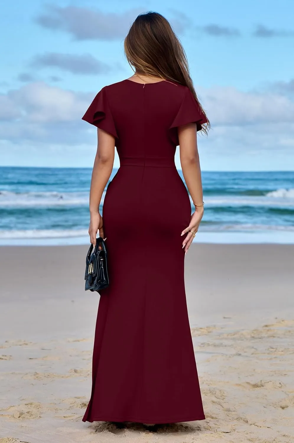 Memoriesea Women's Elegant High Split Ruched Bodycon Mermaid Evening Cocktail Maxi Dress