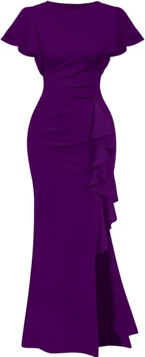 Memoriesea Women's Elegant High Split Ruched Bodycon Mermaid Evening Cocktail Maxi Dress