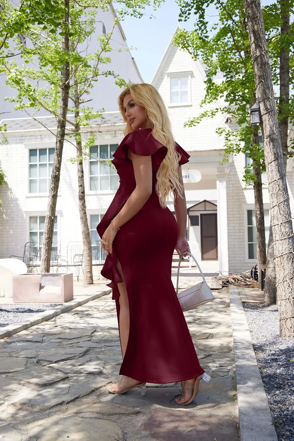 Memoriesea Women's Elegant High Split Ruched Bodycon Mermaid Evening Cocktail Maxi Dress