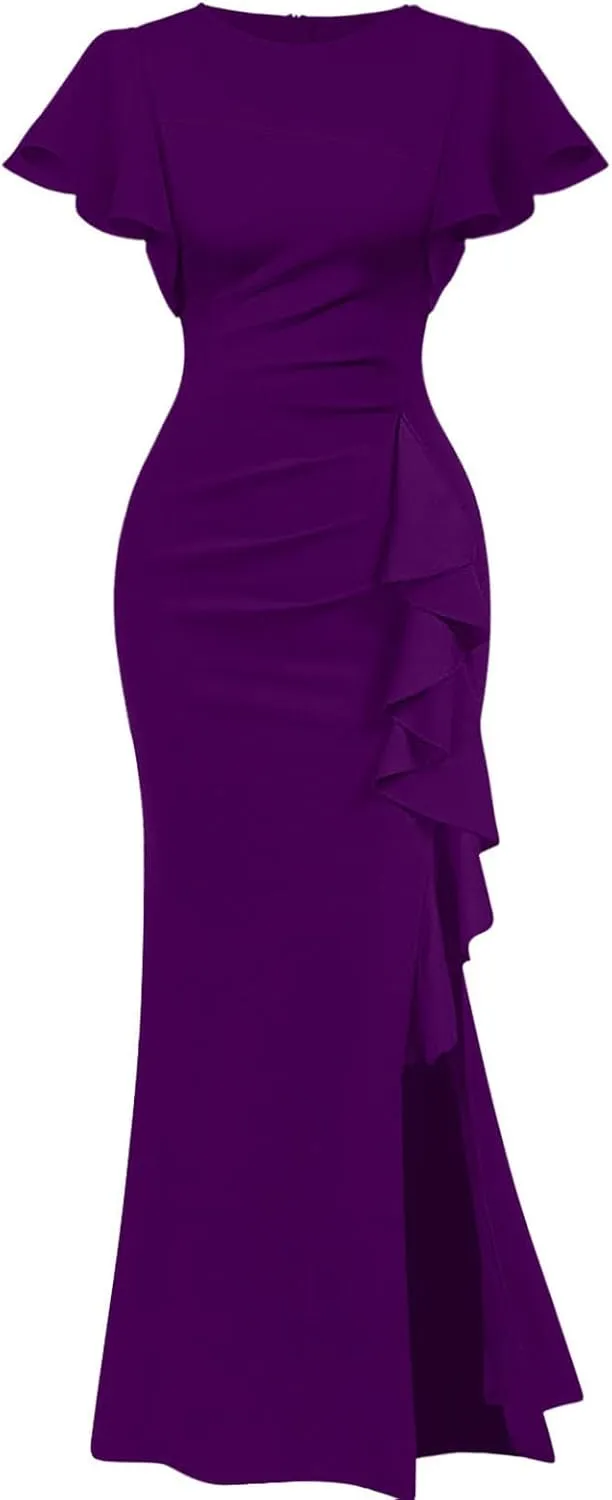 Memoriesea Women's Elegant High Split Ruched Bodycon Mermaid Evening Cocktail Maxi Dress