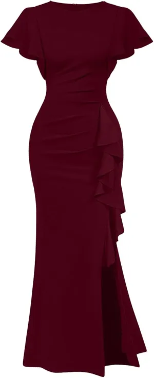 Memoriesea Women's Elegant High Split Ruched Bodycon Mermaid Evening Cocktail Maxi Dress