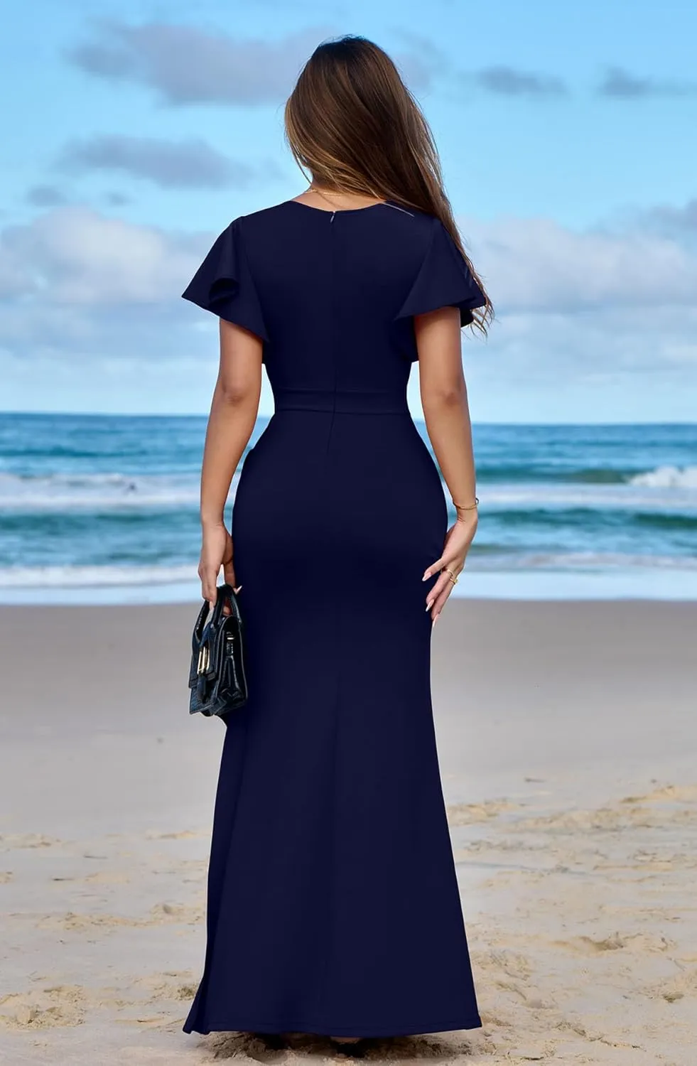 Memoriesea Women's Elegant High Split Ruched Bodycon Mermaid Evening Cocktail Maxi Dress