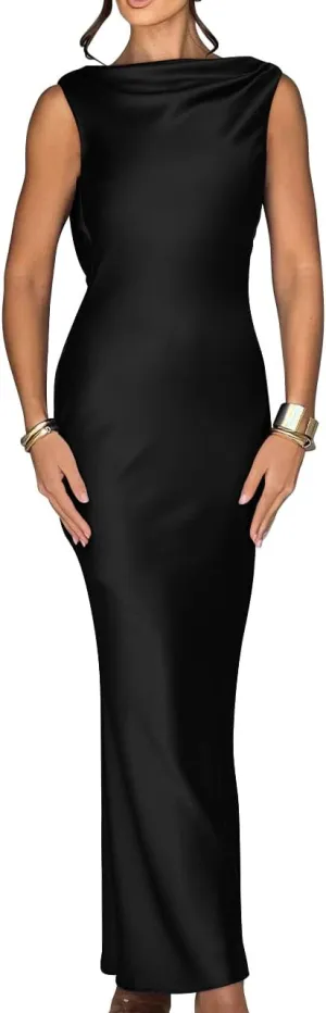 Memoriesea Women's Satin Elegant Sleeveless High Neck Tie Cocktail Party Maxi Dress
