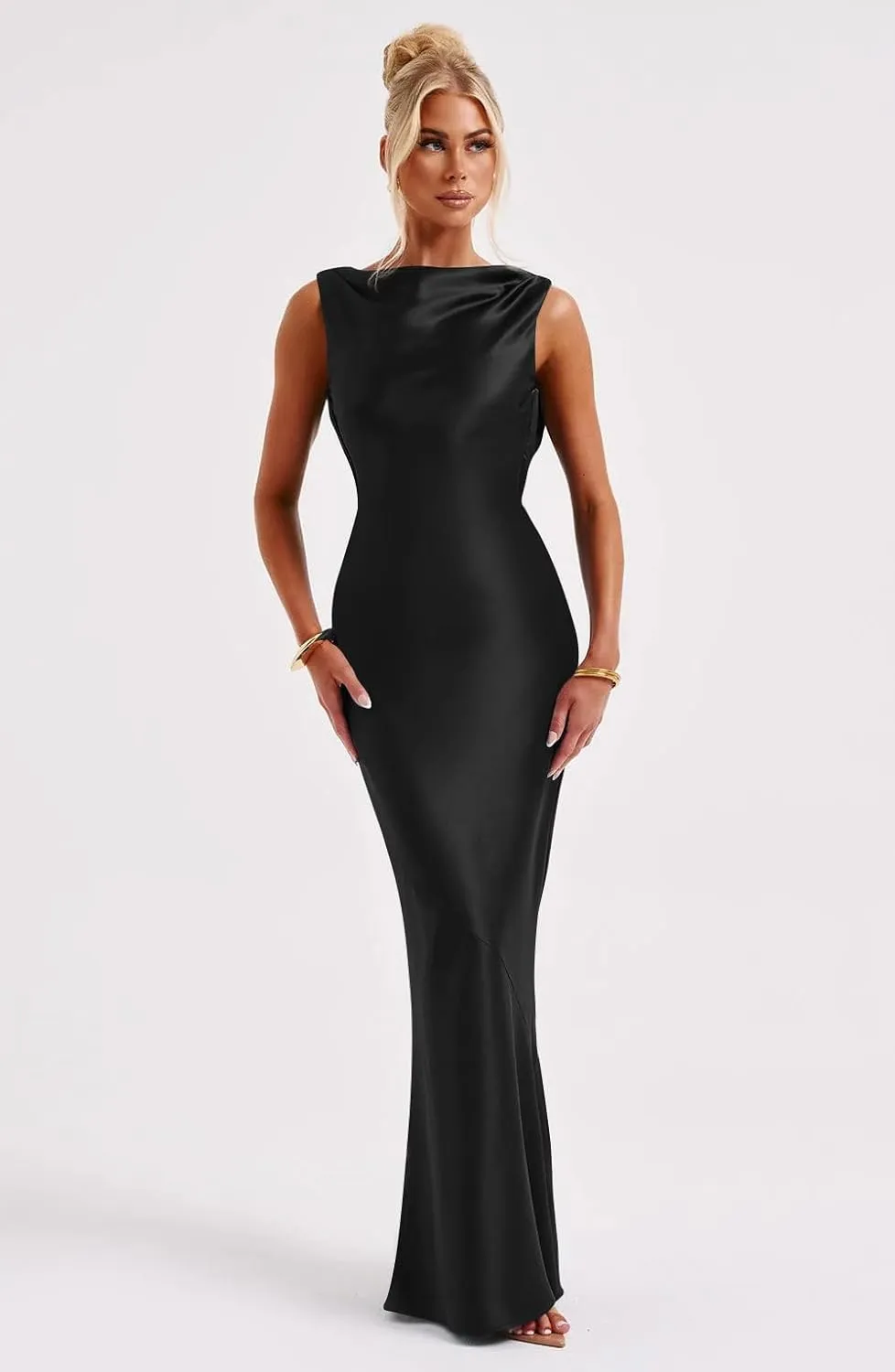 Memoriesea Women's Satin Elegant Sleeveless High Neck Tie Cocktail Party Maxi Dress