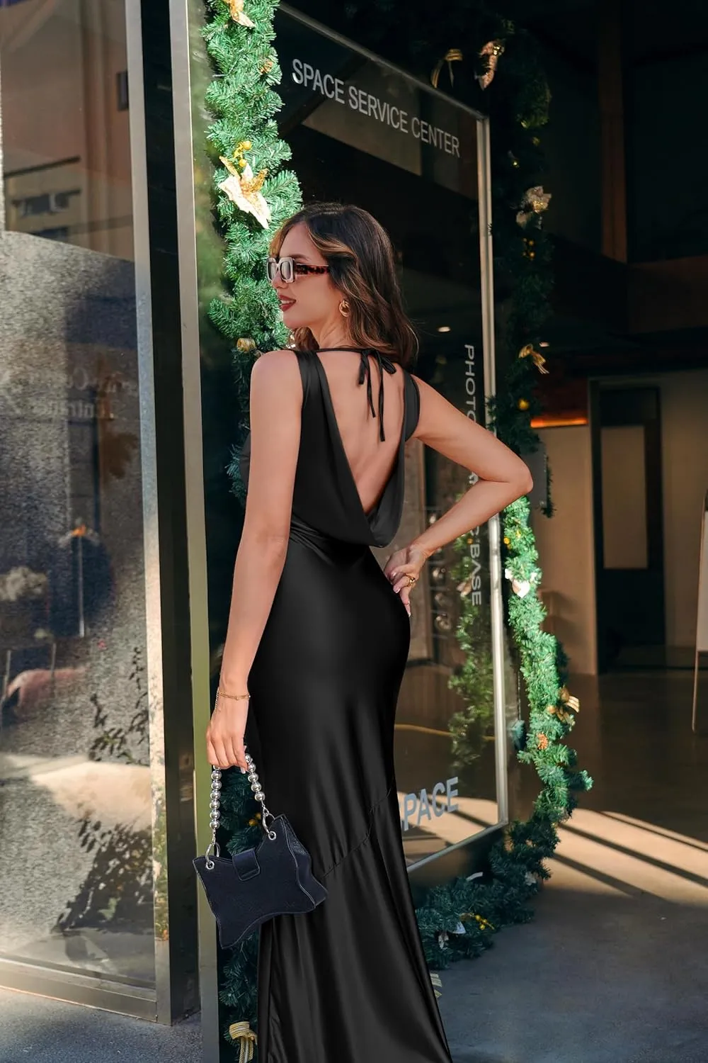 Memoriesea Women's Satin Elegant Sleeveless High Neck Tie Cocktail Party Maxi Dress