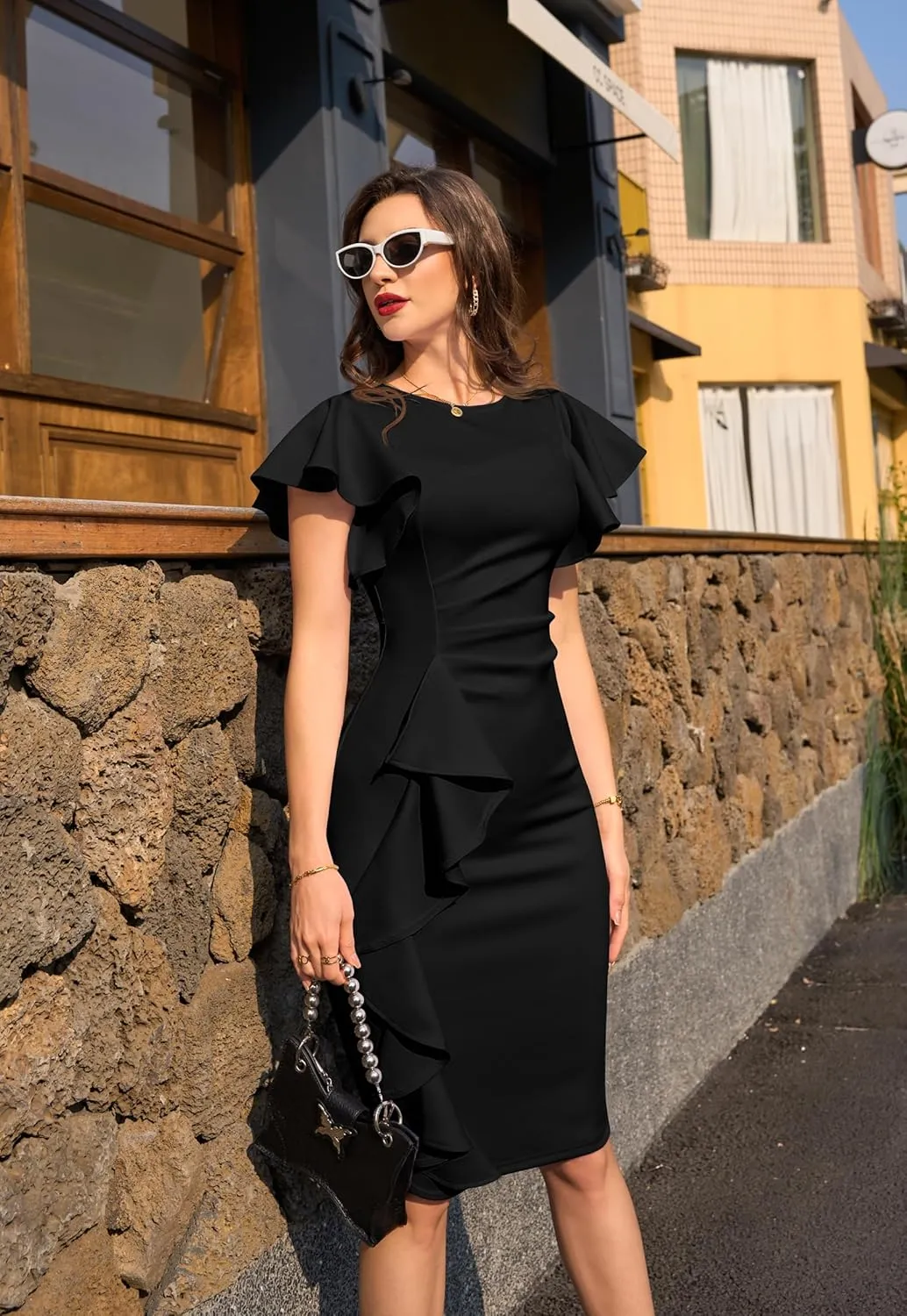 Memoriesea Women's Vintage Church Ruffle Sleeve Ruched Bodycon Work Midi Pencil Dress