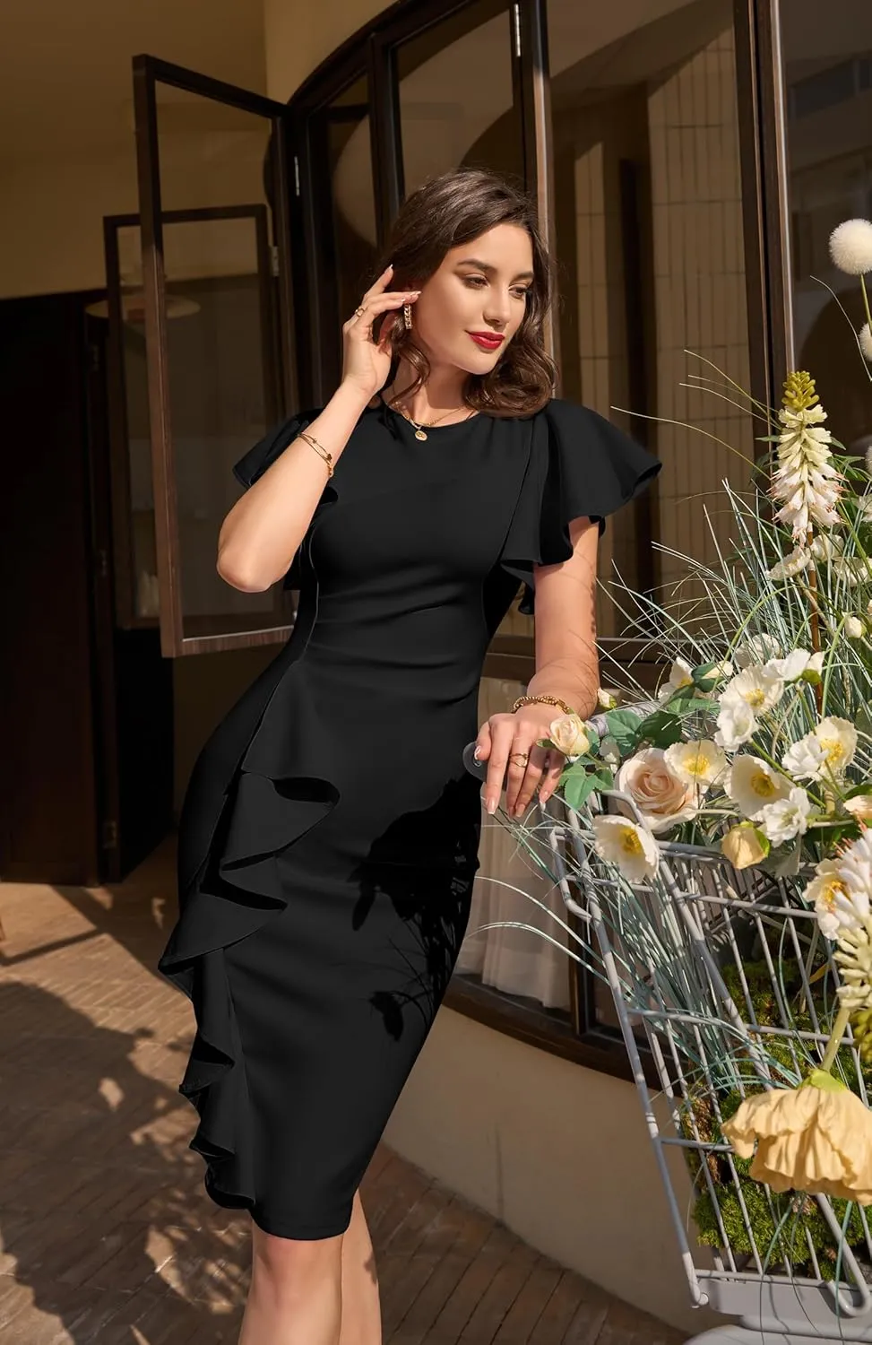 Memoriesea Women's Vintage Church Ruffle Sleeve Ruched Bodycon Work Midi Pencil Dress