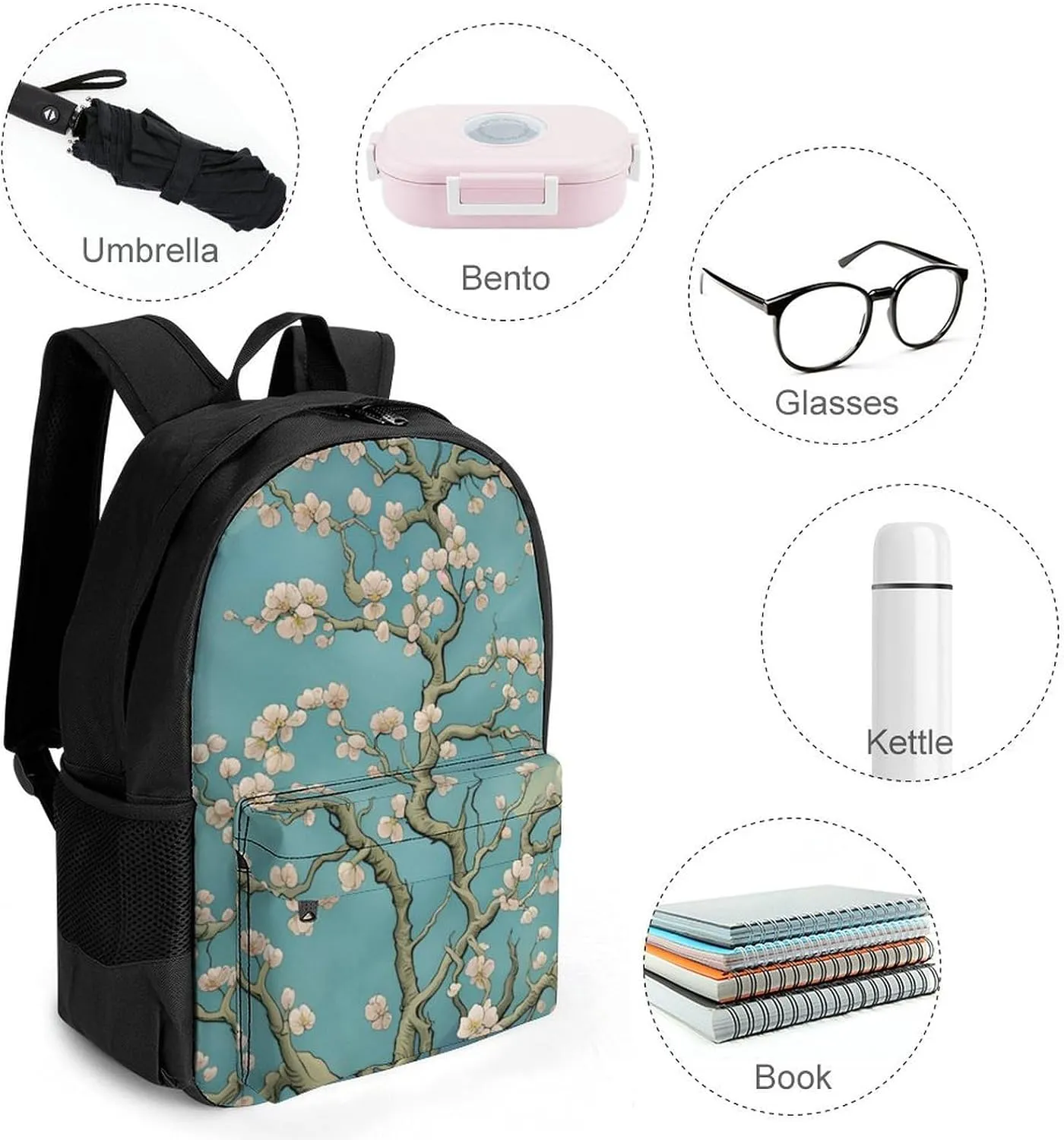 Men & Women Lightweight Almond Blossom Floral Art Casual Daypack Large Capacity Bookbag With Adjustable Shoulder Straps for Gym Business Bicycle