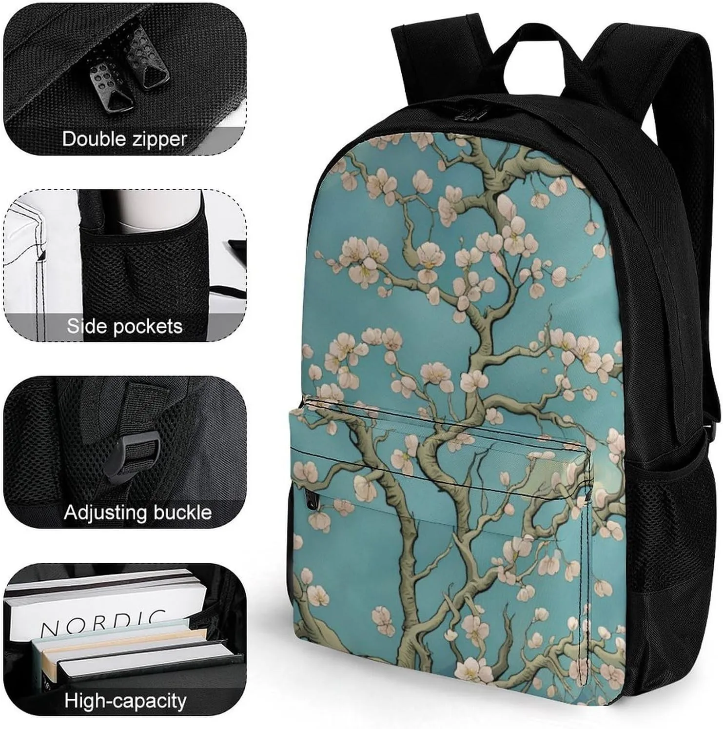Men & Women Lightweight Almond Blossom Floral Art Casual Daypack Large Capacity Bookbag With Adjustable Shoulder Straps for Gym Business Bicycle