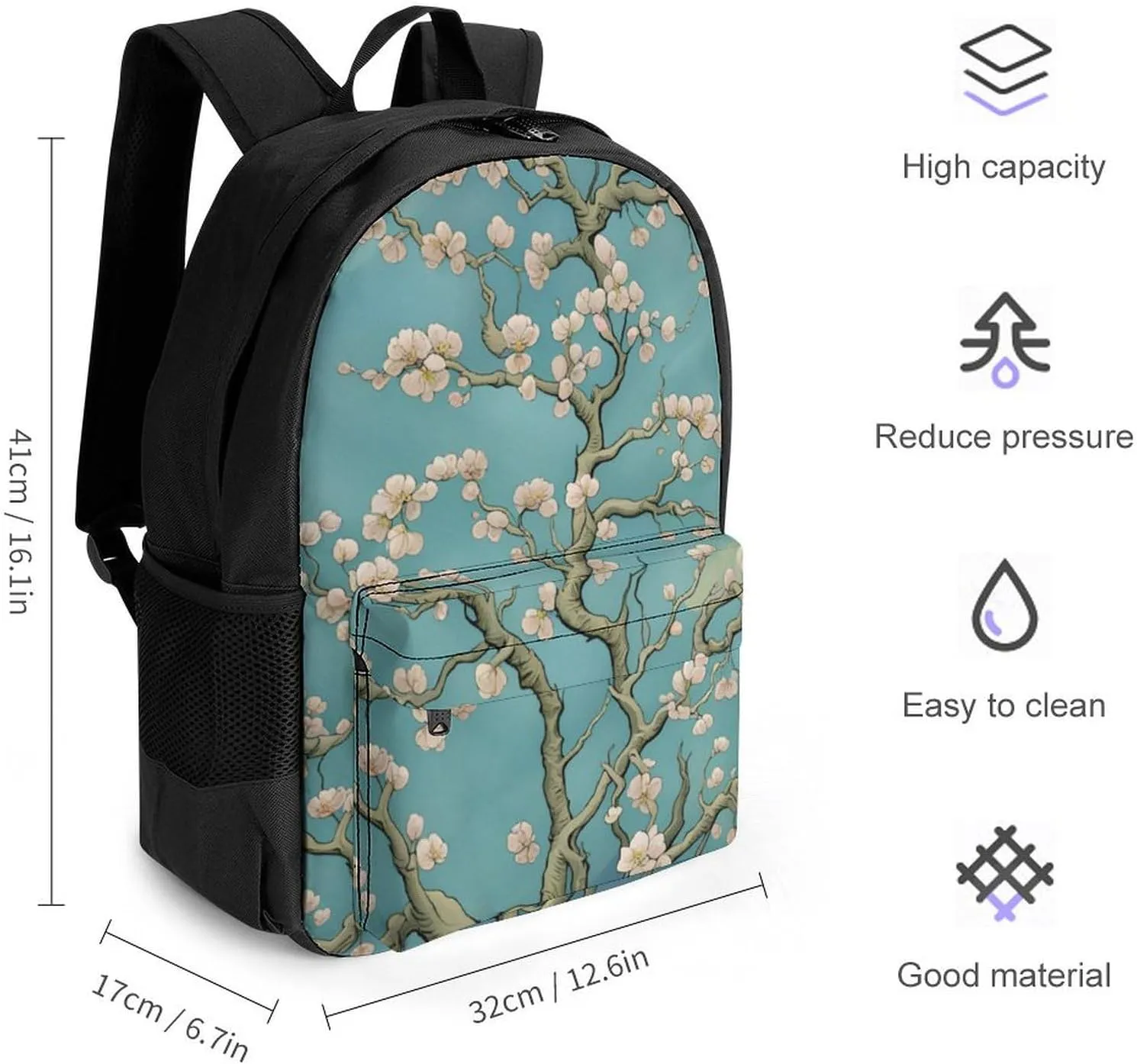 Men & Women Lightweight Almond Blossom Floral Art Casual Daypack Large Capacity Bookbag With Adjustable Shoulder Straps for Gym Business Bicycle