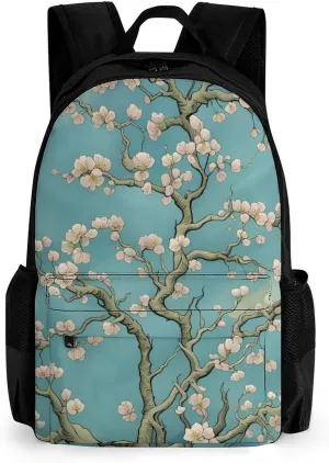 Men & Women Lightweight Almond Blossom Floral Art Casual Daypack Large Capacity Bookbag With Adjustable Shoulder Straps for Gym Business Bicycle