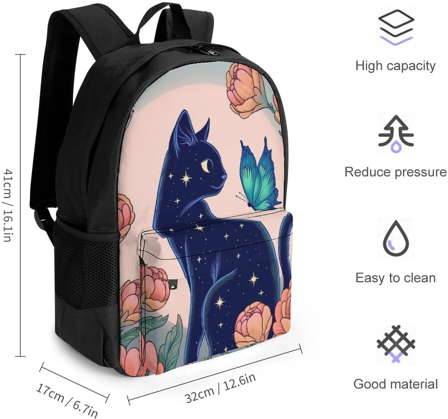 Men & Women Lightweight Black Cat Flower Butterfly Starry Sky Dream Scene Art Casual Daypack Large Capacity Bookbag With Adjustable Shoulder Straps for Gym Business Bicycle