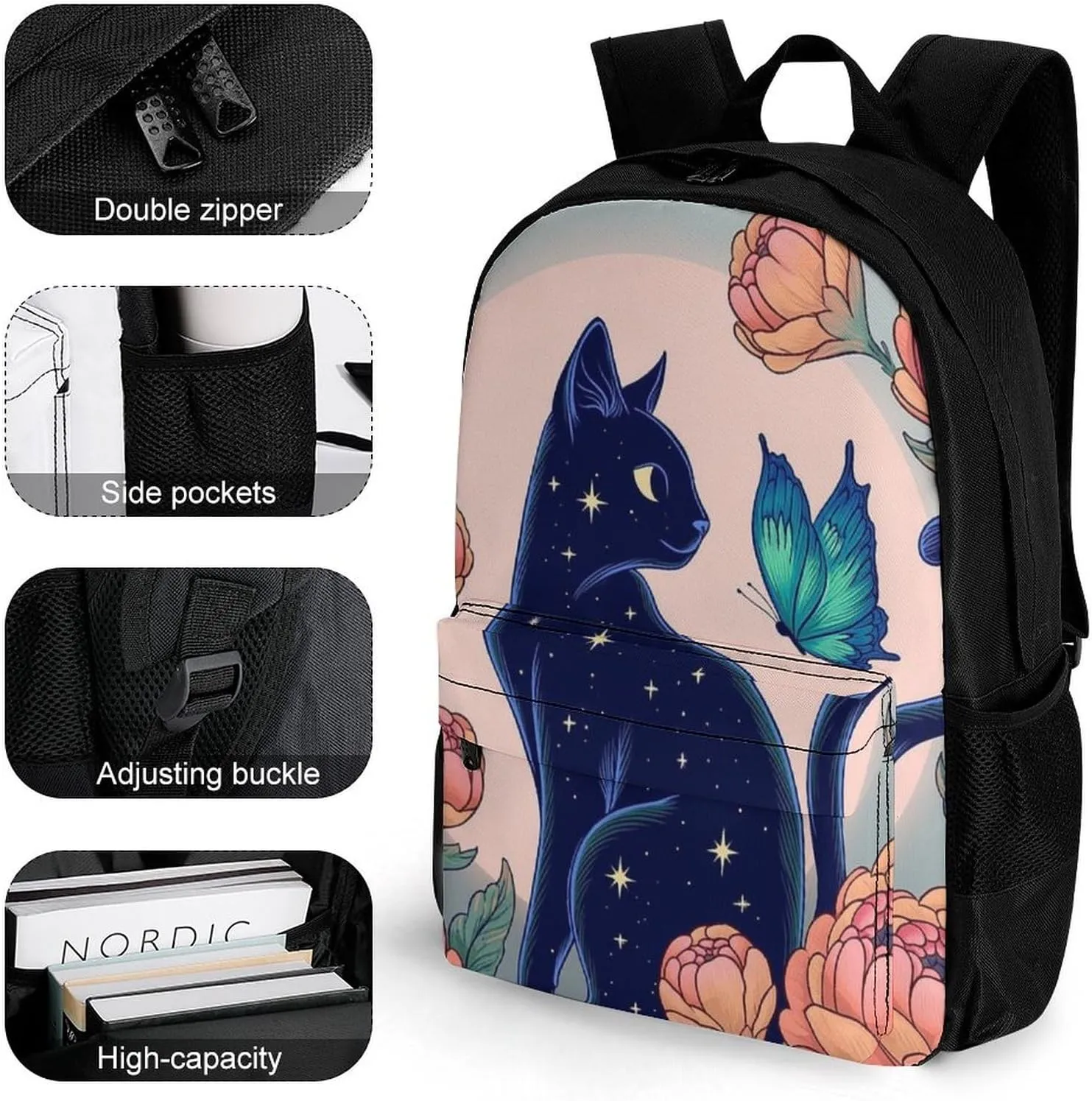 Men & Women Lightweight Black Cat Flower Butterfly Starry Sky Dream Scene Art Casual Daypack Large Capacity Bookbag With Adjustable Shoulder Straps for Gym Business Bicycle