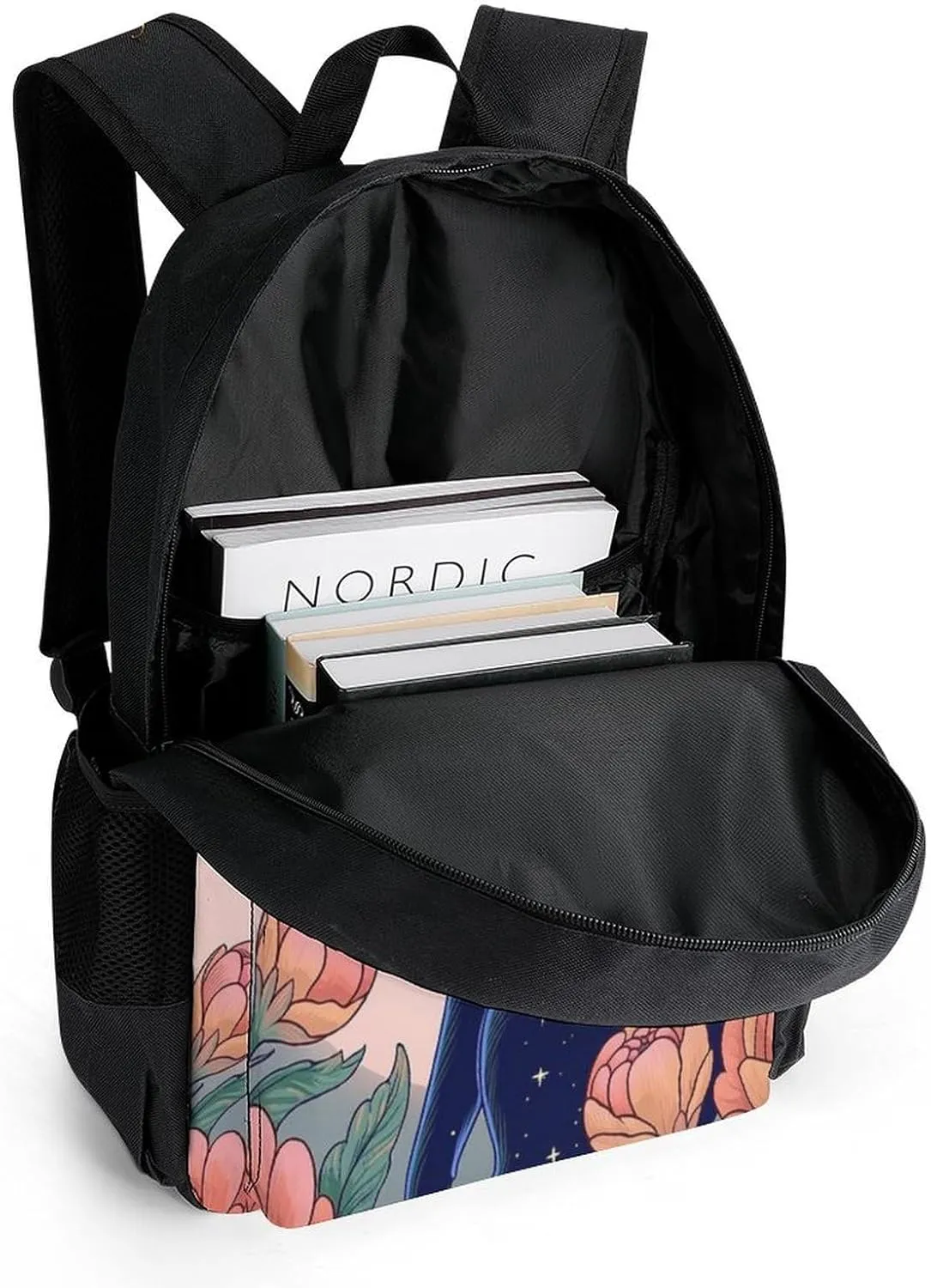 Men & Women Lightweight Black Cat Flower Butterfly Starry Sky Dream Scene Art Casual Daypack Large Capacity Bookbag With Adjustable Shoulder Straps for Gym Business Bicycle
