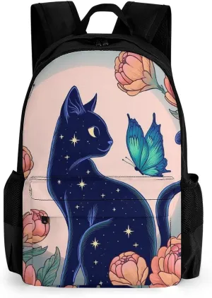 Men & Women Lightweight Black Cat Flower Butterfly Starry Sky Dream Scene Art Casual Daypack Large Capacity Bookbag With Adjustable Shoulder Straps for Gym Business Bicycle