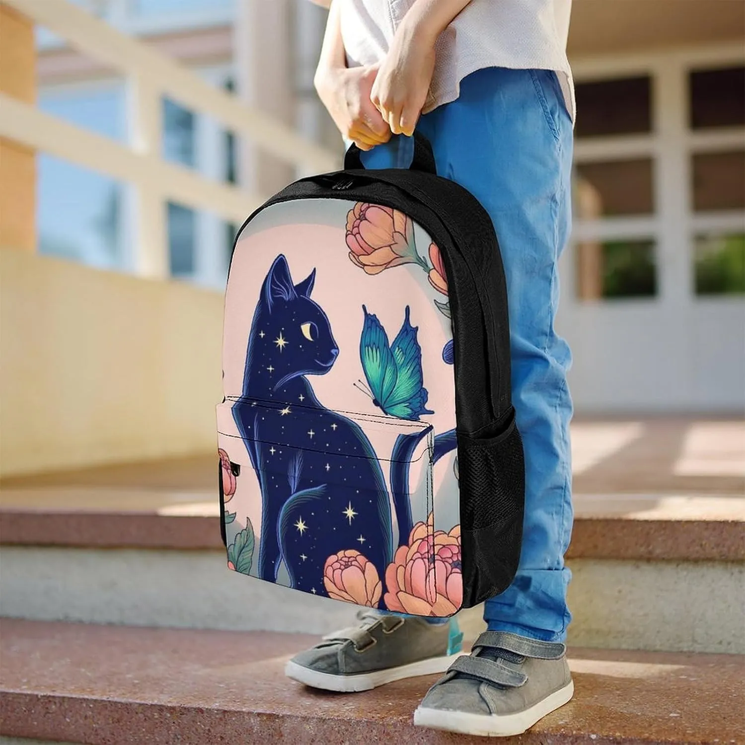 Men & Women Lightweight Black Cat Flower Butterfly Starry Sky Dream Scene Art Casual Daypack Large Capacity Bookbag With Adjustable Shoulder Straps for Gym Business Bicycle