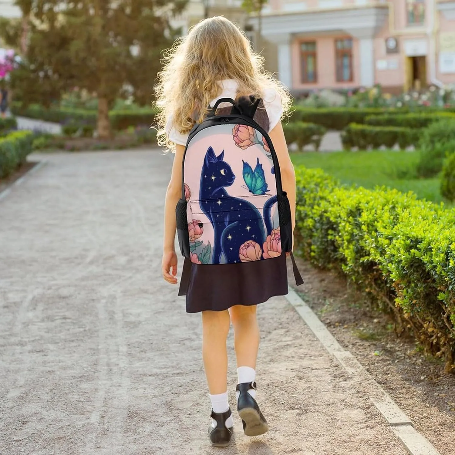 Men & Women Lightweight Black Cat Flower Butterfly Starry Sky Dream Scene Art Casual Daypack Large Capacity Bookbag With Adjustable Shoulder Straps for Gym Business Bicycle