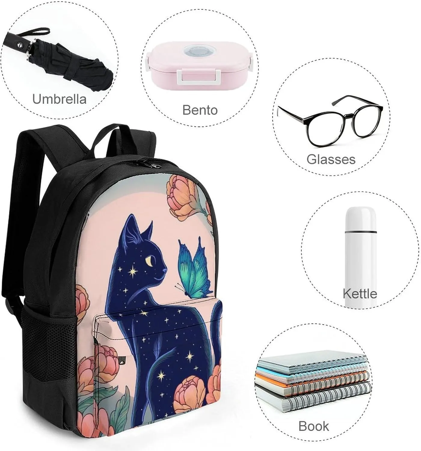 Men & Women Lightweight Black Cat Flower Butterfly Starry Sky Dream Scene Art Casual Daypack Large Capacity Bookbag With Adjustable Shoulder Straps for Gym Business Bicycle