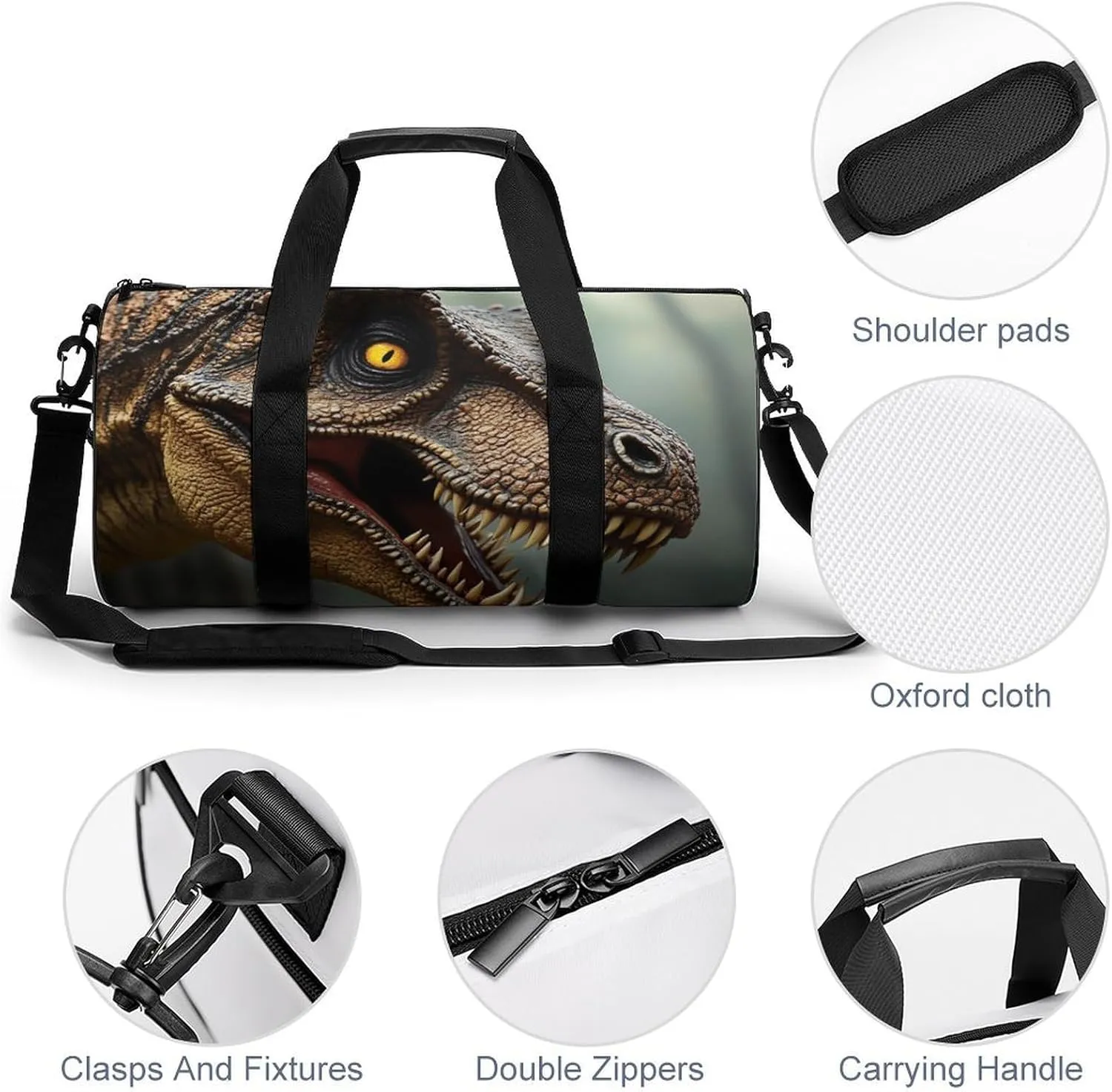 Men Women Duffel Bag, Waterproof Weekender Overnight Shoulder Bag Large Gym Sport Bags T-rex Dinosaur Travel Storage Handbag