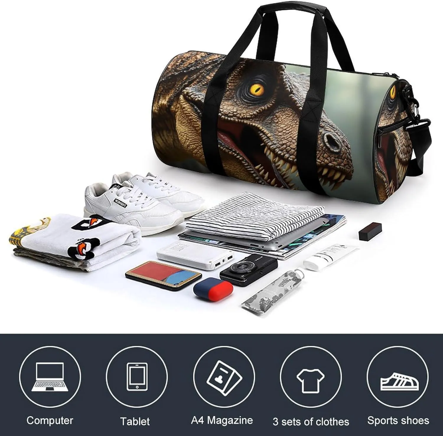 Men Women Duffel Bag, Waterproof Weekender Overnight Shoulder Bag Large Gym Sport Bags T-rex Dinosaur Travel Storage Handbag