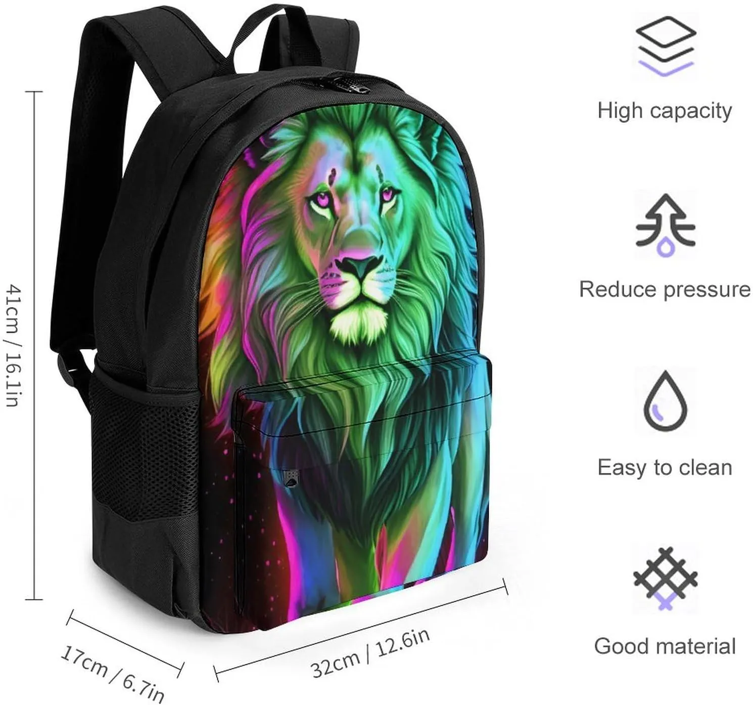 Men Women Lightweight Fantasy Lion Art Daypack Bookbag Big Capacity Carry On Bag With Side Pockets for Camping Travel Bicycle
