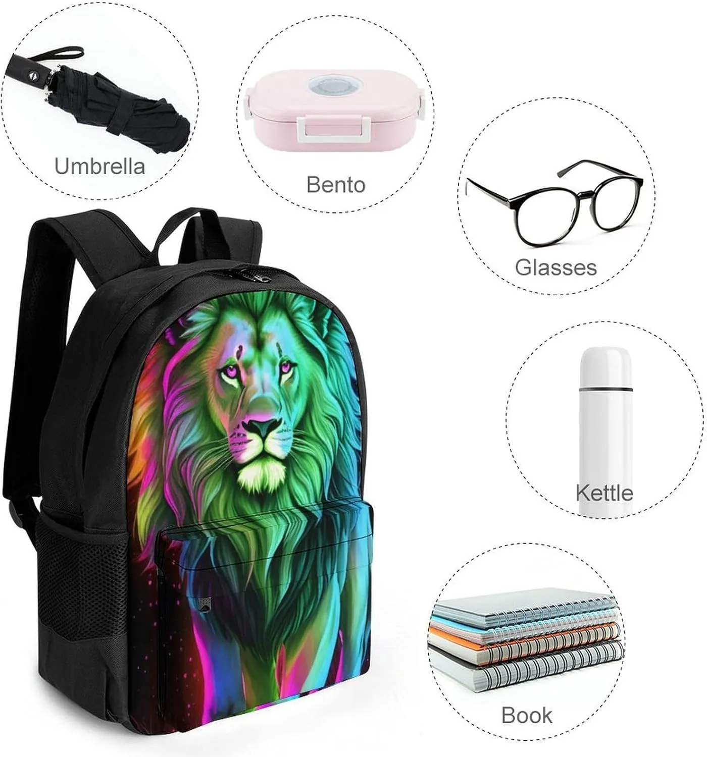 Men Women Lightweight Fantasy Lion Art Daypack Bookbag Big Capacity Carry On Bag With Side Pockets for Camping Travel Bicycle