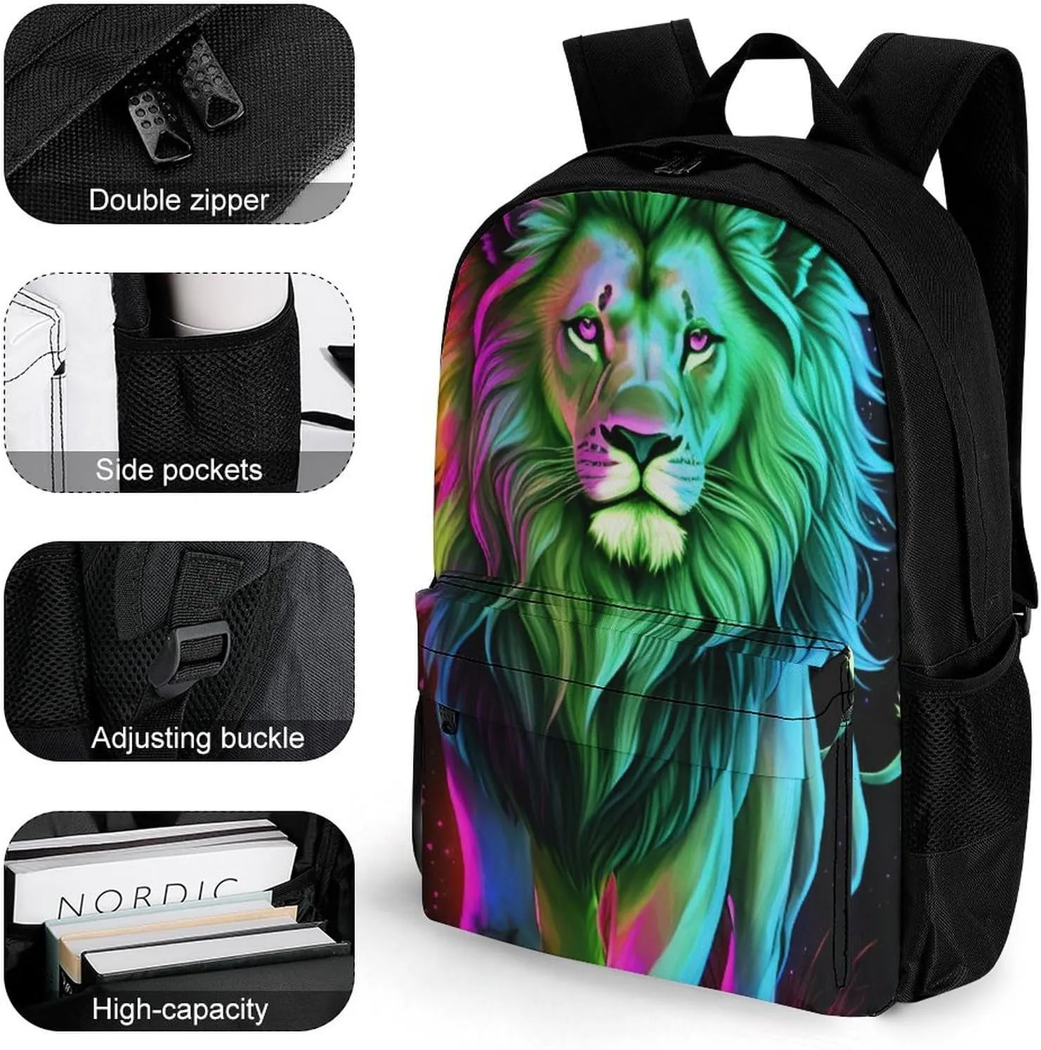 Men Women Lightweight Fantasy Lion Art Daypack Bookbag Big Capacity Carry On Bag With Side Pockets for Camping Travel Bicycle