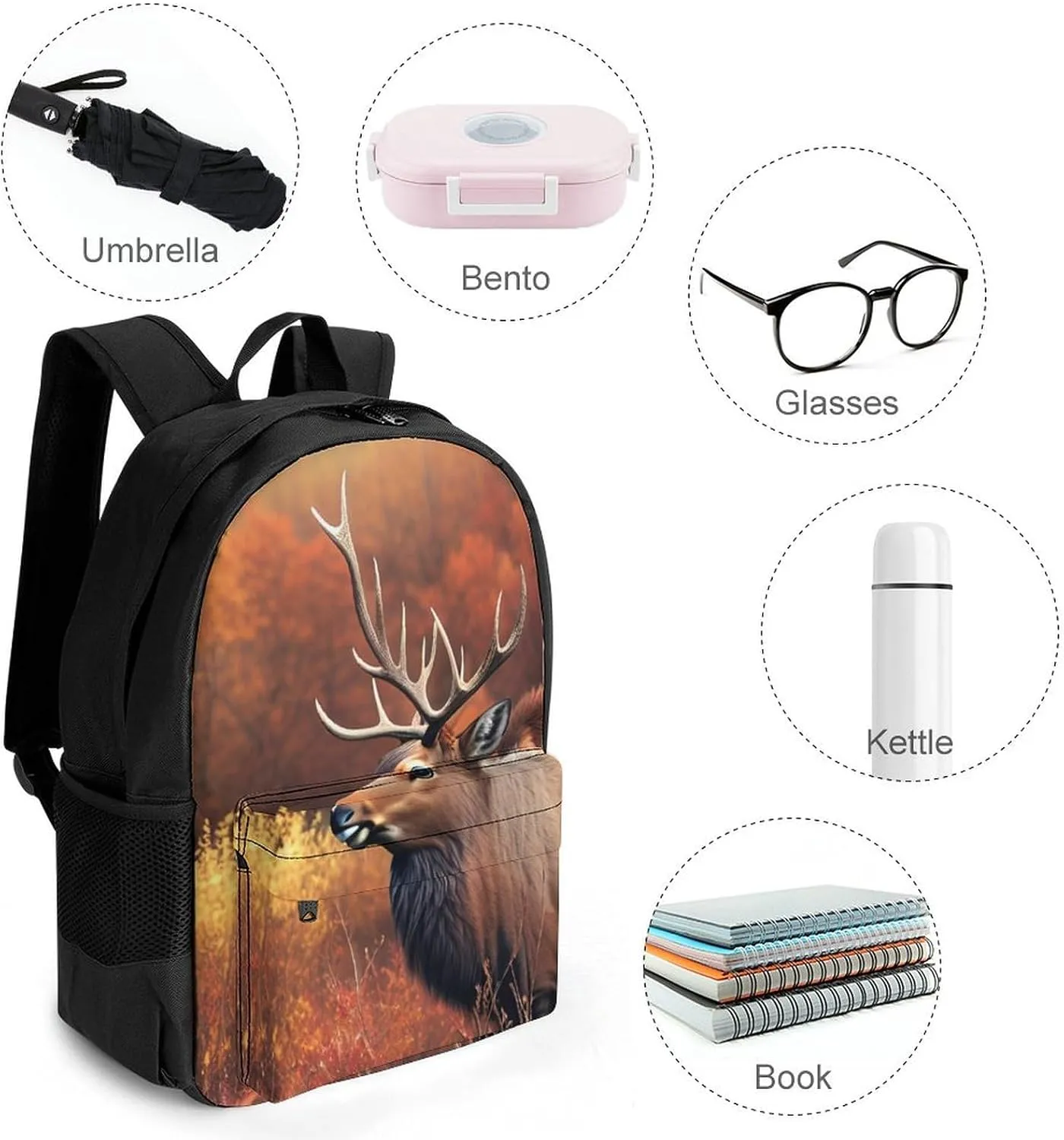 Men Women Polyester Animal Elk Art Daypack Bookbag Big Capacity Shoulder Bag With Padded Straps for Climbing Travel Walking Cycling