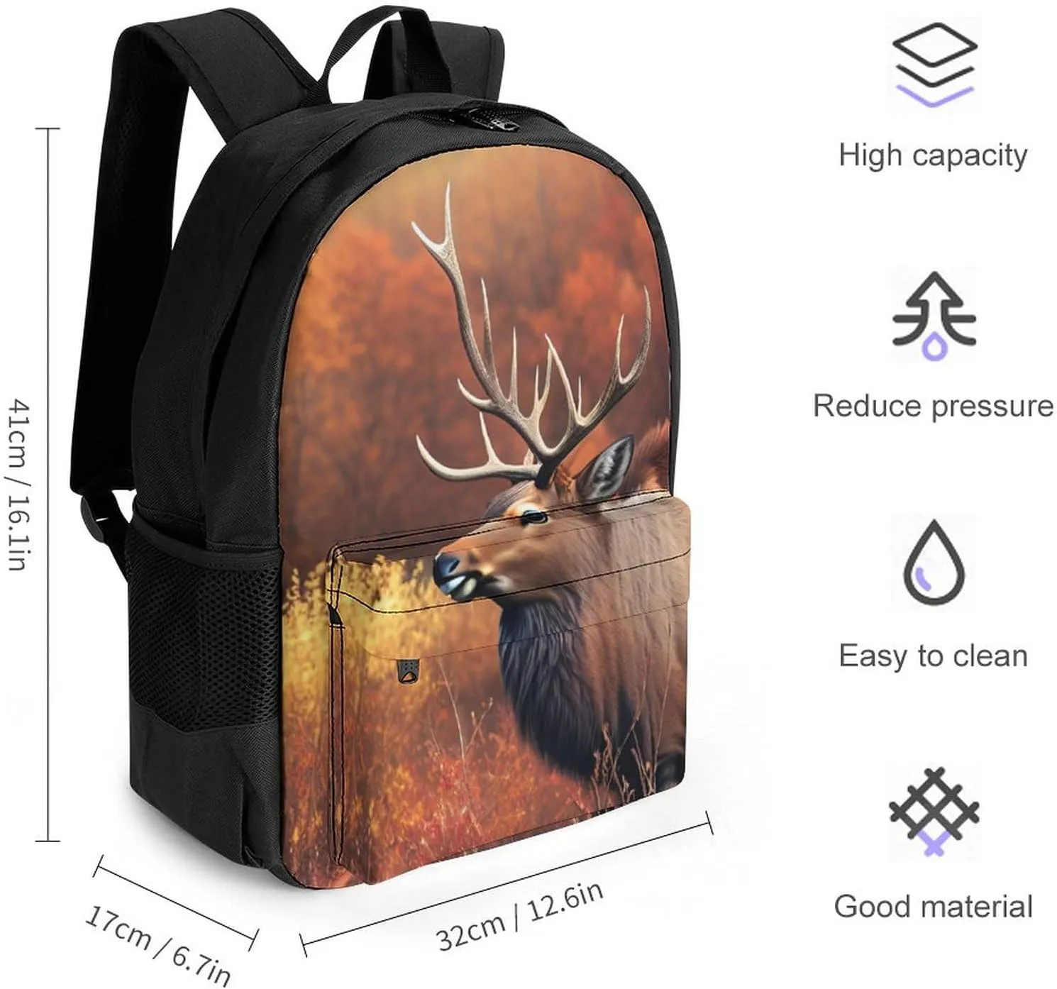 Men Women Polyester Animal Elk Art Daypack Bookbag Big Capacity Shoulder Bag With Padded Straps for Climbing Travel Walking Cycling