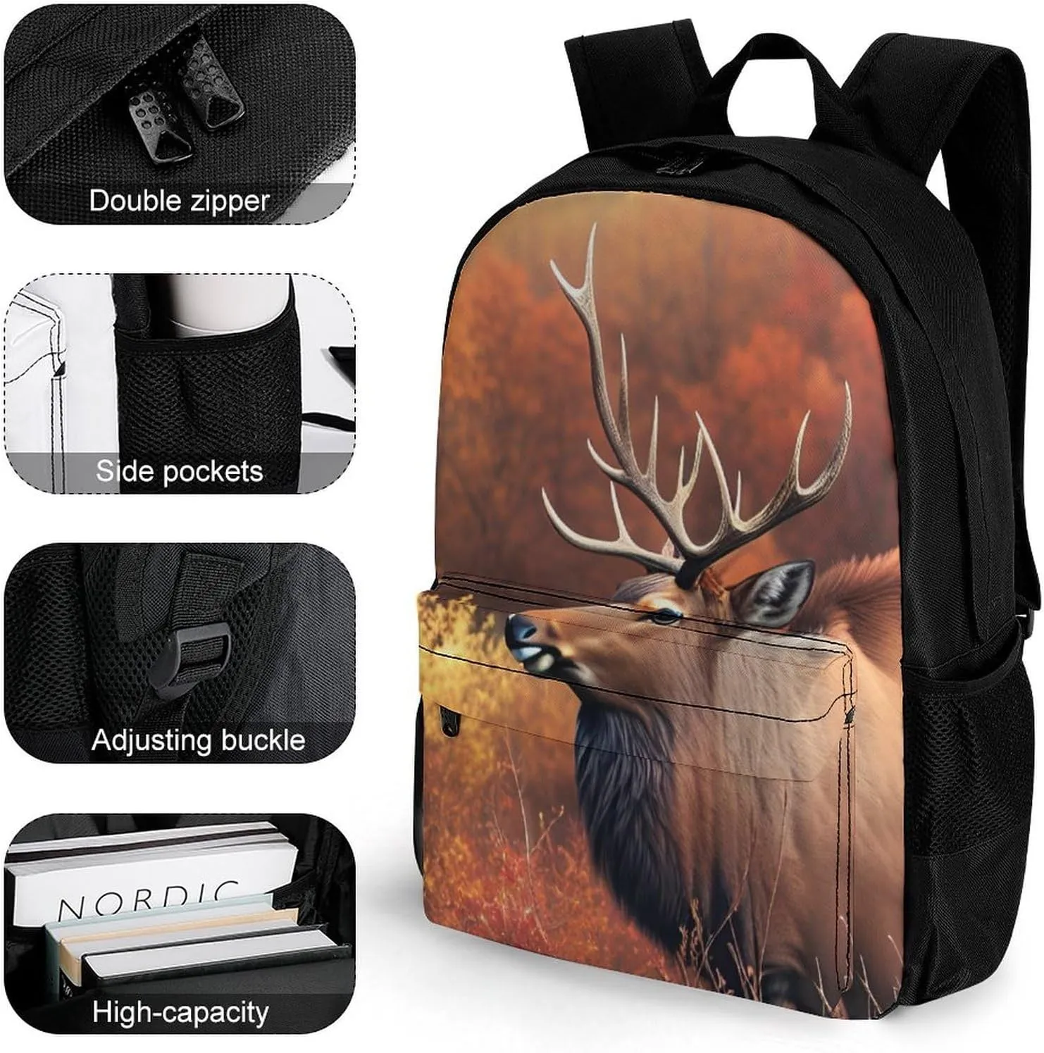 Men Women Polyester Animal Elk Art Daypack Bookbag Big Capacity Shoulder Bag With Padded Straps for Climbing Travel Walking Cycling