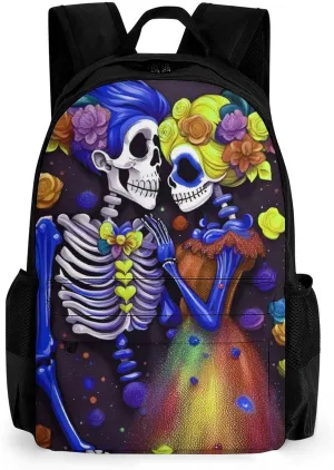 Men Women Polyester Kiss Skeleton Colorful Space Art Daypack Big Capacity Shoulder Bag With Adjustable Shoulder Straps for Camping Travel Walking Cycling