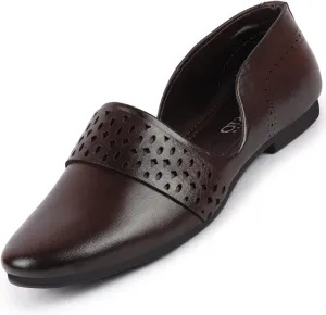 Men's Laser Cut Design Side Open Broad Feet Ethnic Party Slip On Shoes, Brown, 8 UK