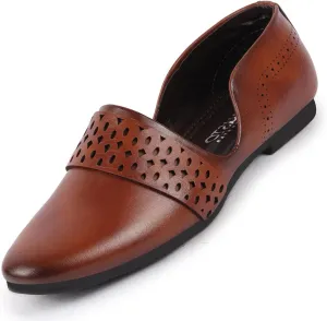 Men's Laser Cut Side Open Broad Feet Ethnic Party Slip On Shoes, Tan, 7 UK