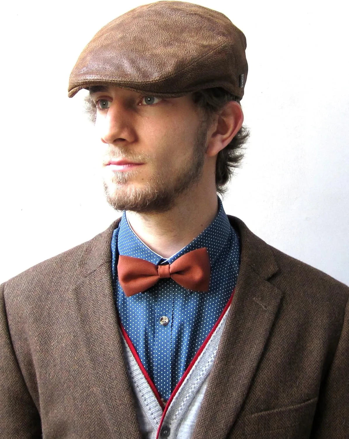 Mens Suede Distressed Leather Gatsby Fitted Cap