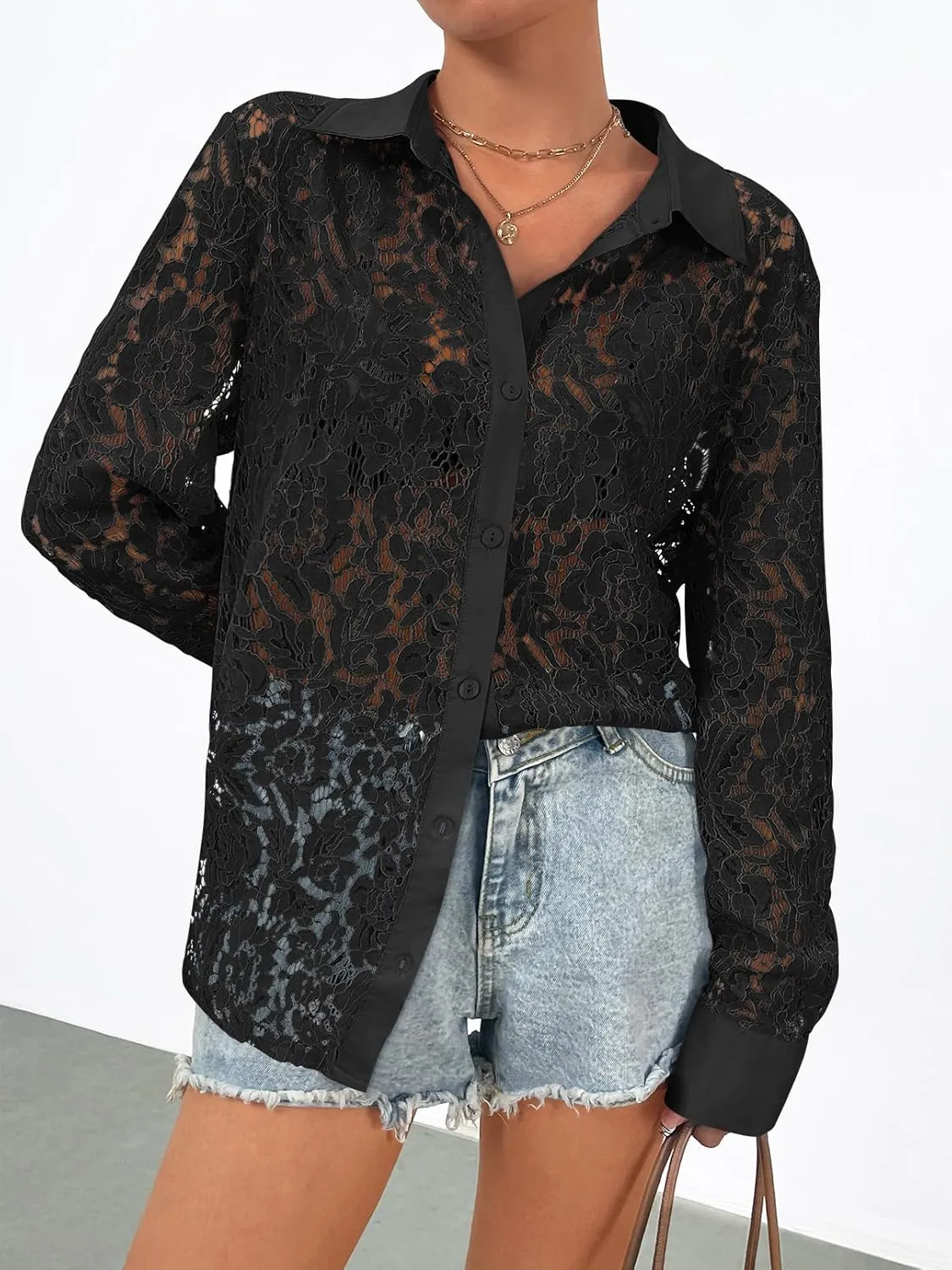 MEROKEETY Women's Lace Long Sleeve Tops Dressy Casual Blouse Button Down Sheer Elegant Summer Shirts