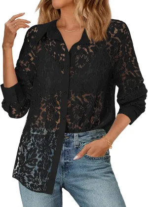 MEROKEETY Women's Lace Long Sleeve Tops Dressy Casual Blouse Button Down Sheer Elegant Summer Shirts