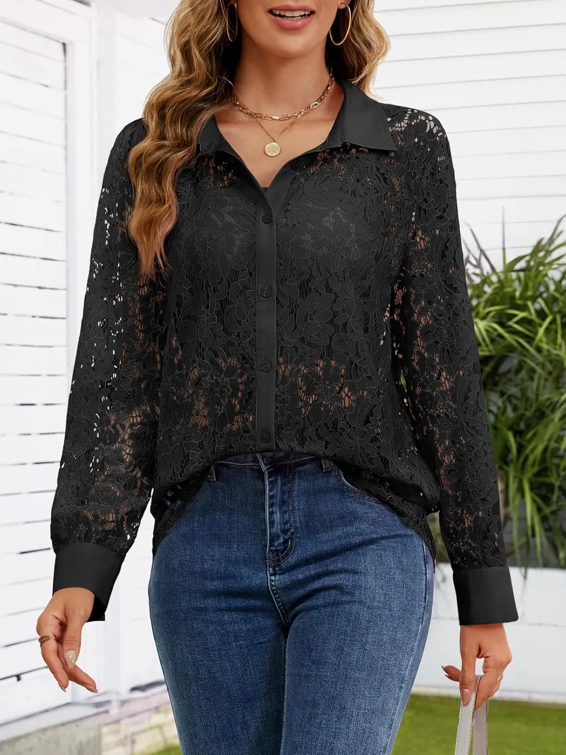 MEROKEETY Women's Lace Long Sleeve Tops Dressy Casual Blouse Button Down Sheer Elegant Summer Shirts