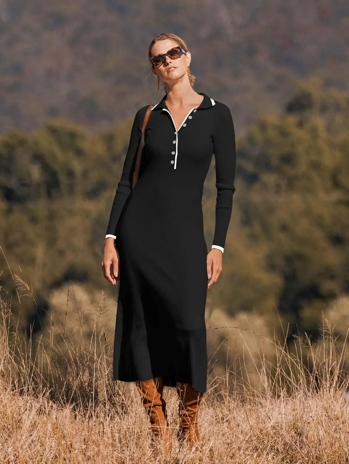 MEROKEETY Women's Long Sleeve V Neck Sweater Dress Button Ribbed Knit Slim Fit Elegant Maxi Dresses