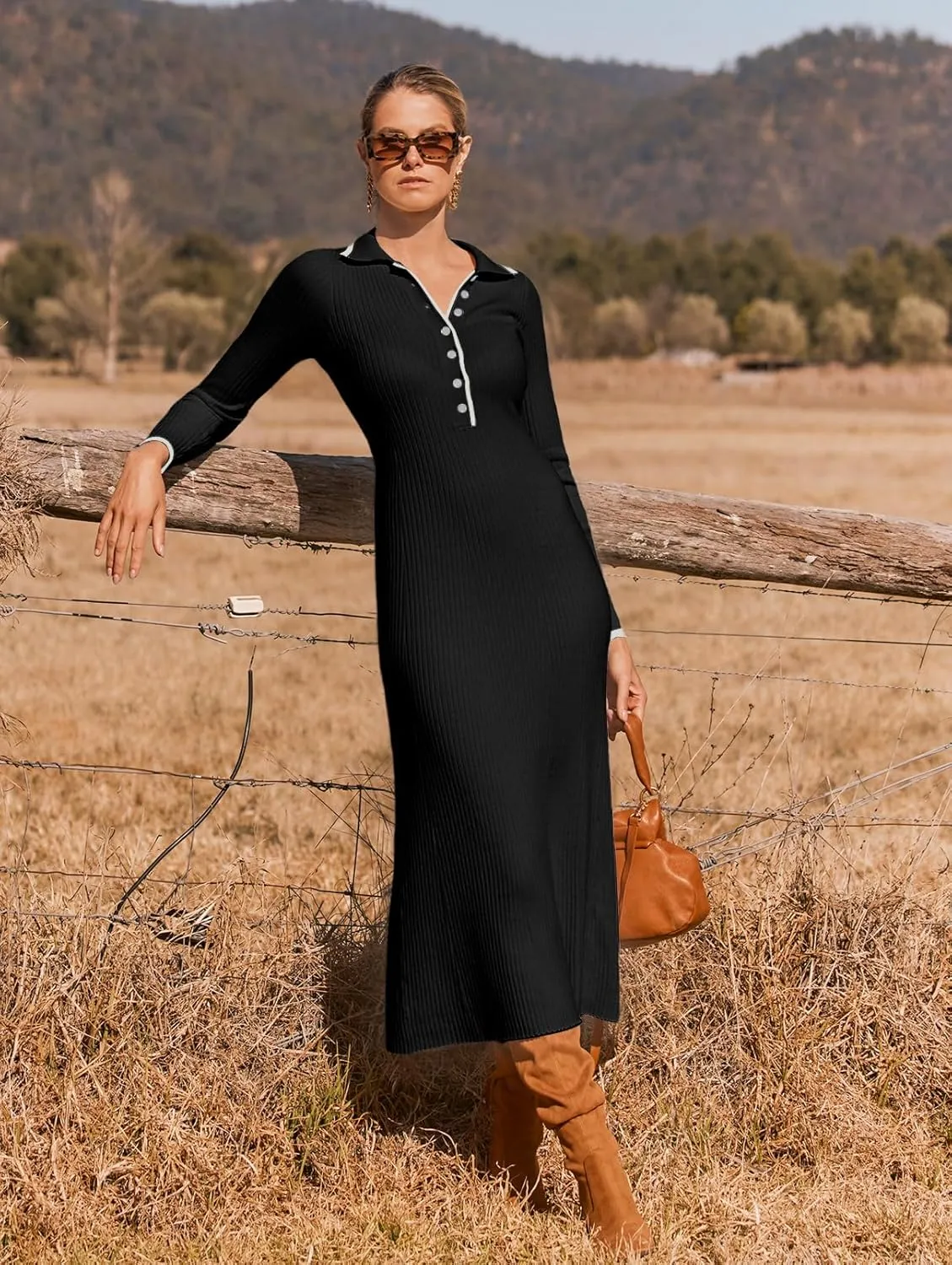 MEROKEETY Women's Long Sleeve V Neck Sweater Dress Button Ribbed Knit Slim Fit Elegant Maxi Dresses