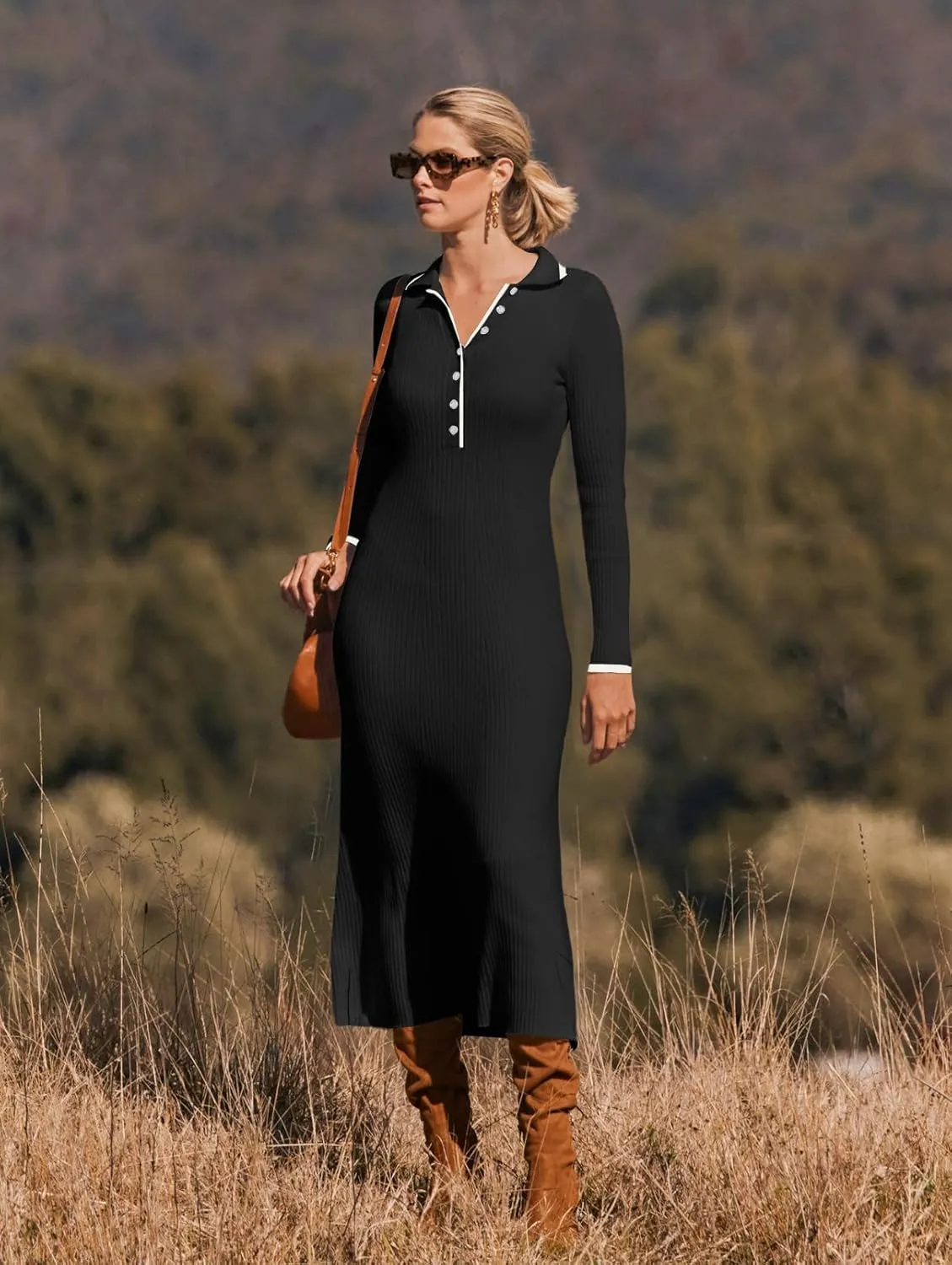 MEROKEETY Women's Long Sleeve V Neck Sweater Dress Button Ribbed Knit Slim Fit Elegant Maxi Dresses