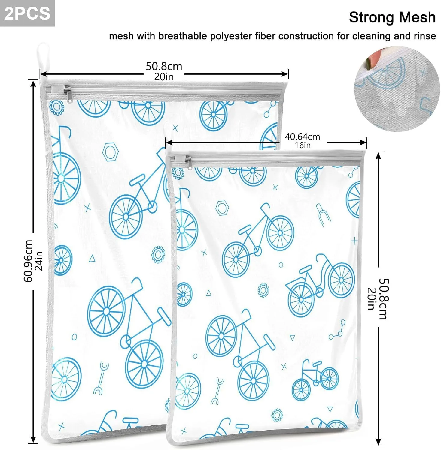 Mesh Laundry Bags Lingerie Bags for Washing Delicates 2 PCS Wash Bag with Zipper Small and Medium Washable Blue Bike