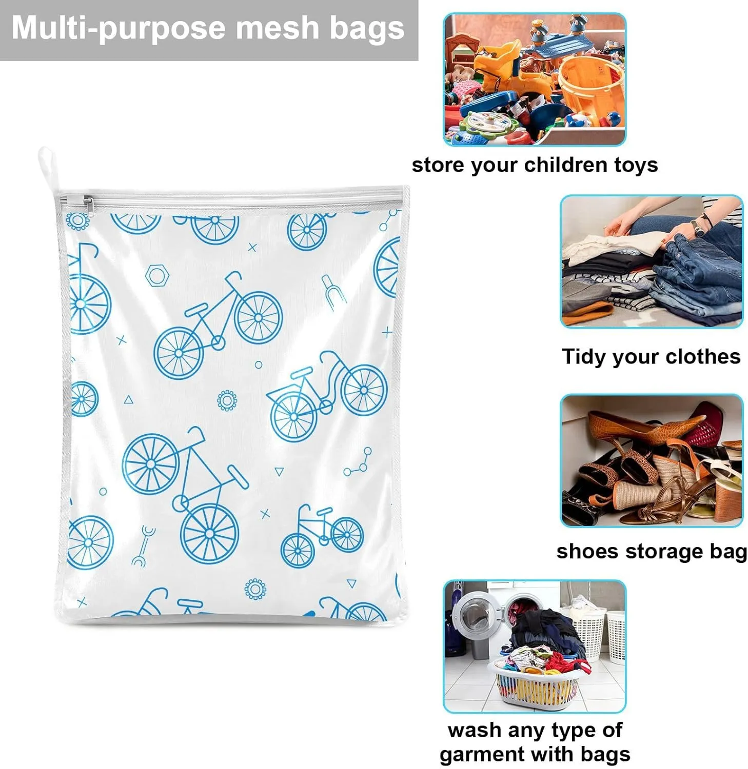 Mesh Laundry Bags Lingerie Bags for Washing Delicates 2 PCS Wash Bag with Zipper Small and Medium Washable Blue Bike