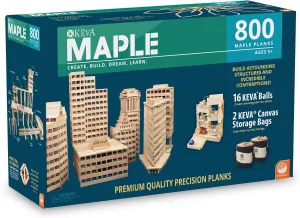 MindWare Maple 800 Plank Wooden Building Blocks Set - Free-Form 3D Structure Building Set for Kids Includes 800 Maple Planks, 16 KEVA Balls, 2 Canvas Storage Bags and Guide Book