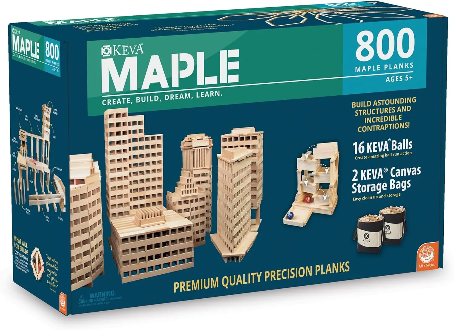 MindWare Maple 800 Plank Wooden Building Blocks Set - Free-Form 3D Structure Building Set for Kids Includes 800 Maple Planks, 16 KEVA Balls, 2 Canvas Storage Bags and Guide Book
