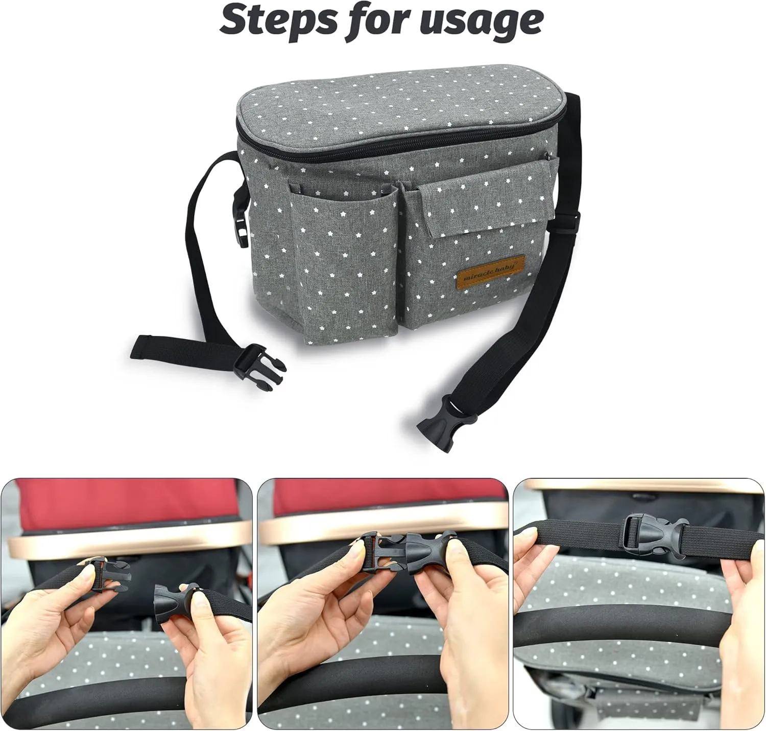 Miracle Baby Stroller Organizer Bag for Mom,Universal Stroller Storage Caddy Diaper Bag- Compatible with Most Stroller - Multifunctional Larg(Black White Star)
